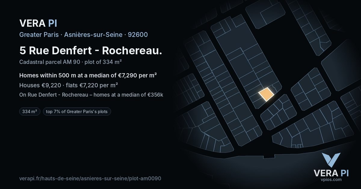 5 Rue Denfert - Rochereau, Asnières-sur-Seine at night – the plot lit, the parcels around coloured by the prices near them