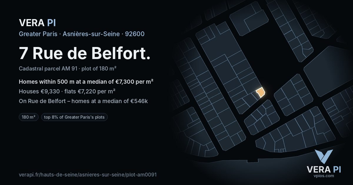 7 Rue de Belfort, Asnières-sur-Seine at night – the plot lit, the parcels around coloured by the prices near them
