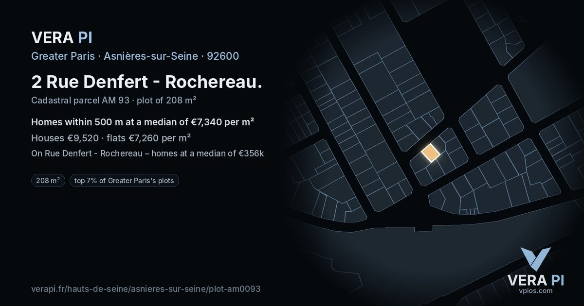 2 Rue Denfert - Rochereau, Asnières-sur-Seine at night – the plot lit, the parcels around coloured by the prices near them