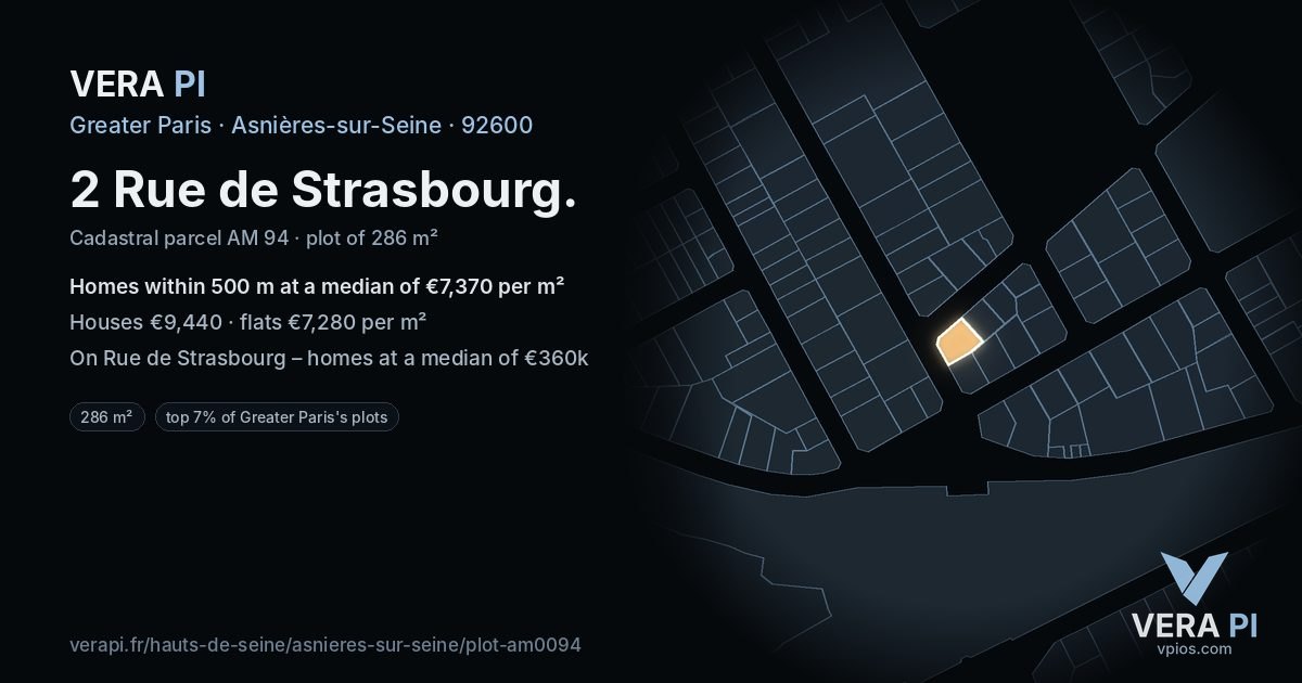 2 Rue de Strasbourg, Asnières-sur-Seine at night – the plot lit, the parcels around coloured by the prices near them