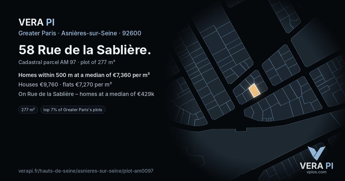 58 Rue de la Sablière, Asnières-sur-Seine at night – the plot lit, the parcels around coloured by the prices near them