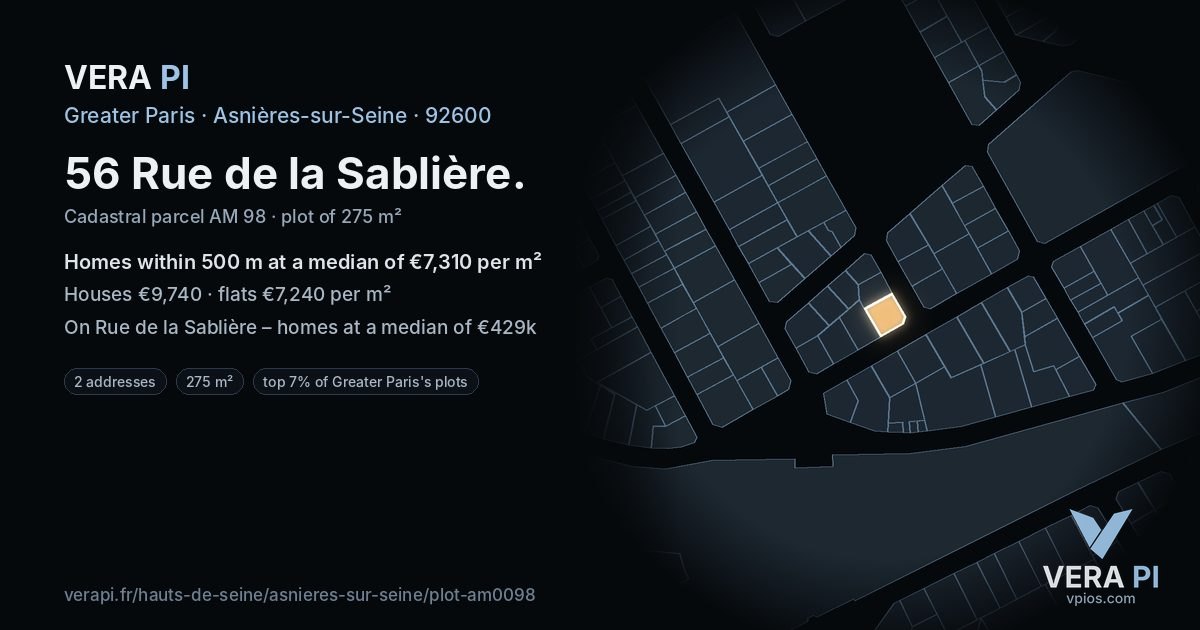 56 Rue de la Sablière, Asnières-sur-Seine at night – the plot lit, the parcels around coloured by the prices near them