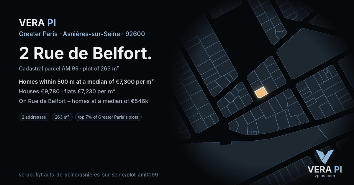2 Rue de Belfort, Asnières-sur-Seine at night – the plot lit, the parcels around coloured by the prices near them