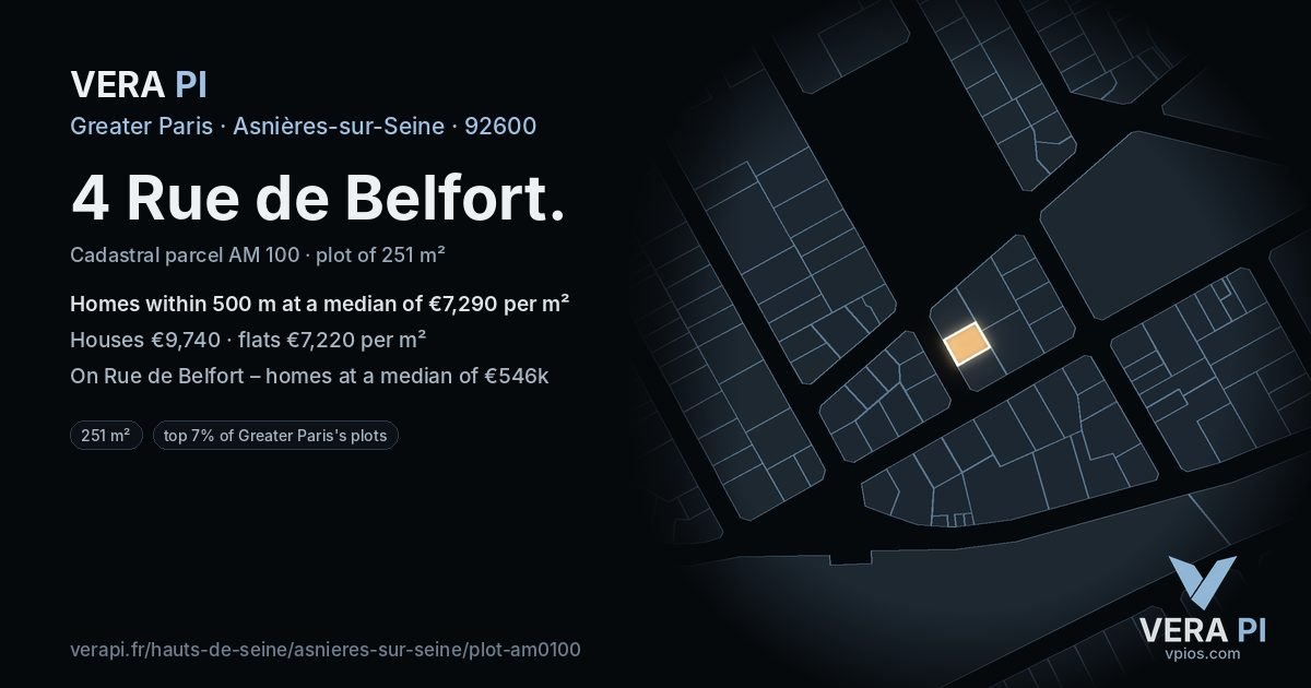 4 Rue de Belfort, Asnières-sur-Seine at night – the plot lit, the parcels around coloured by the prices near them
