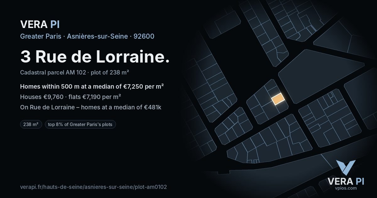 3 Rue de Lorraine, Asnières-sur-Seine at night – the plot lit, the parcels around coloured by the prices near them