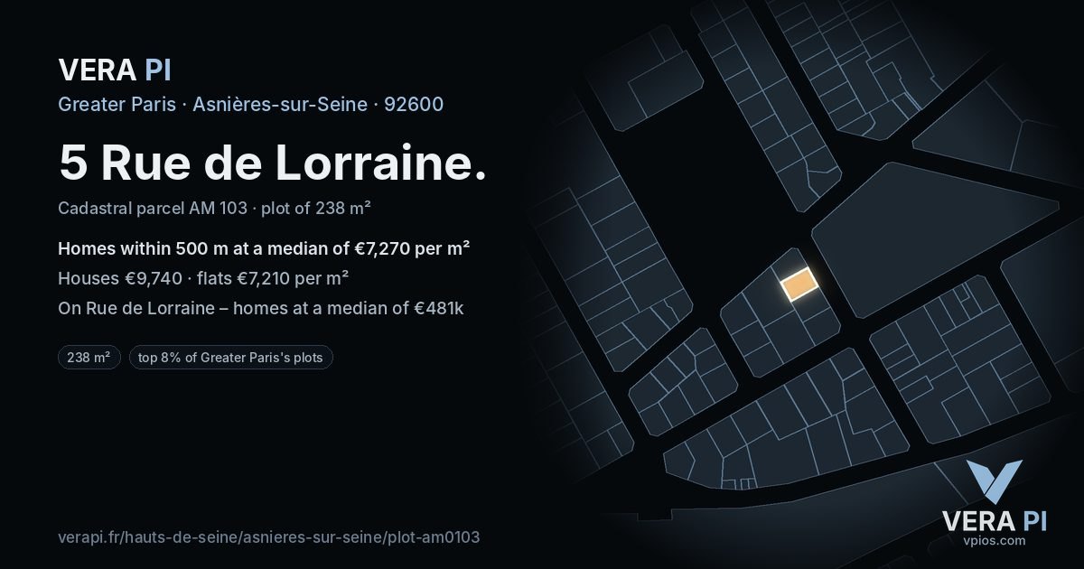 5 Rue de Lorraine, Asnières-sur-Seine at night – the plot lit, the parcels around coloured by the prices near them