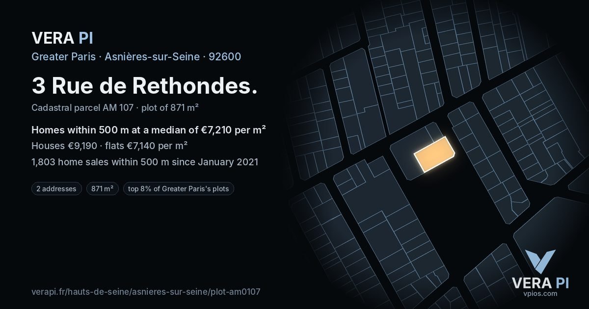 3 Rue de Rethondes, Asnières-sur-Seine at night – the plot lit, the parcels around coloured by the prices near them