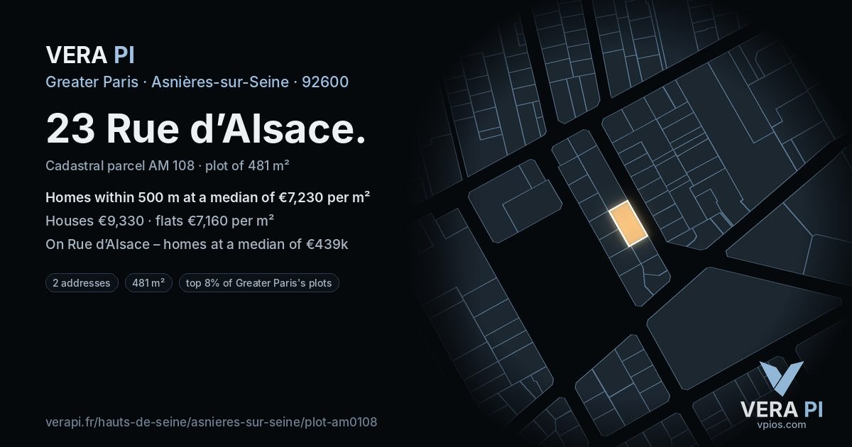 23 Rue d’Alsace, Asnières-sur-Seine at night – the plot lit, the parcels around coloured by the prices near them