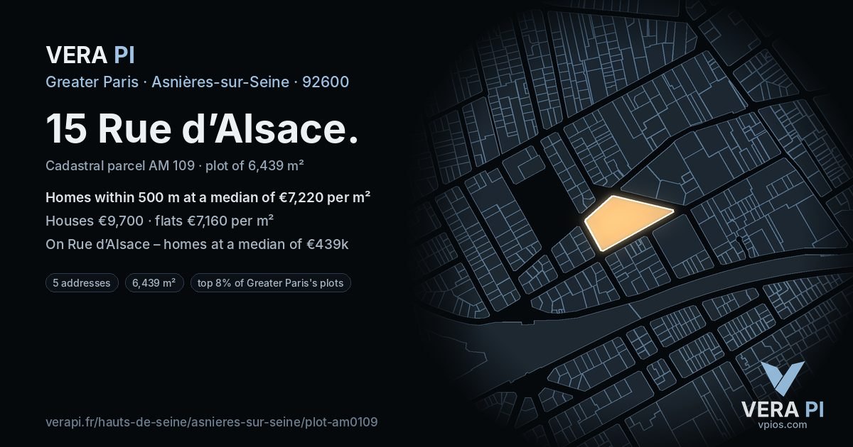 15 Rue d’Alsace, Asnières-sur-Seine at night – the plot lit, the parcels around coloured by the prices near them