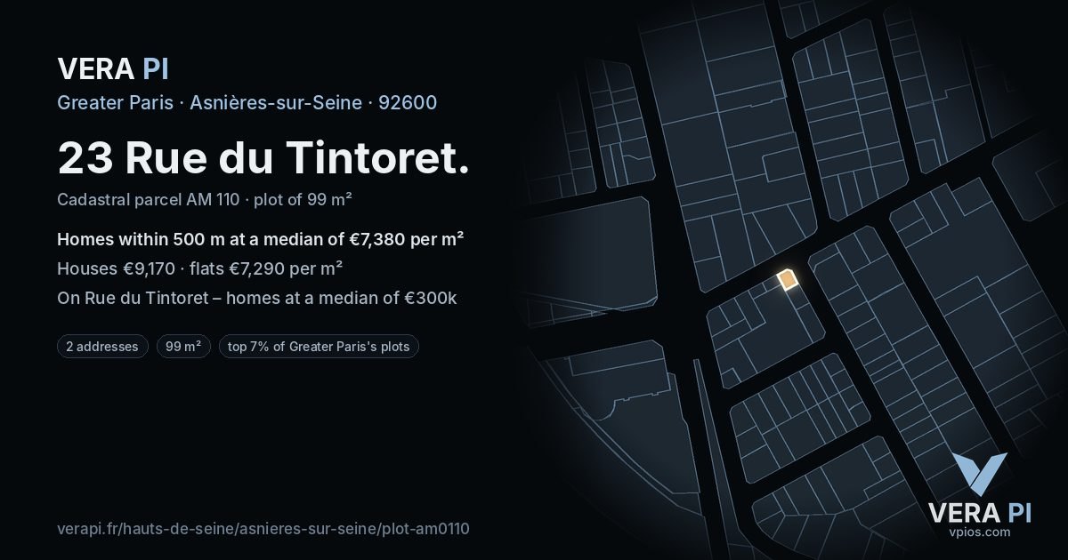 23 Rue du Tintoret, Asnières-sur-Seine at night – the plot lit, the parcels around coloured by the prices near them