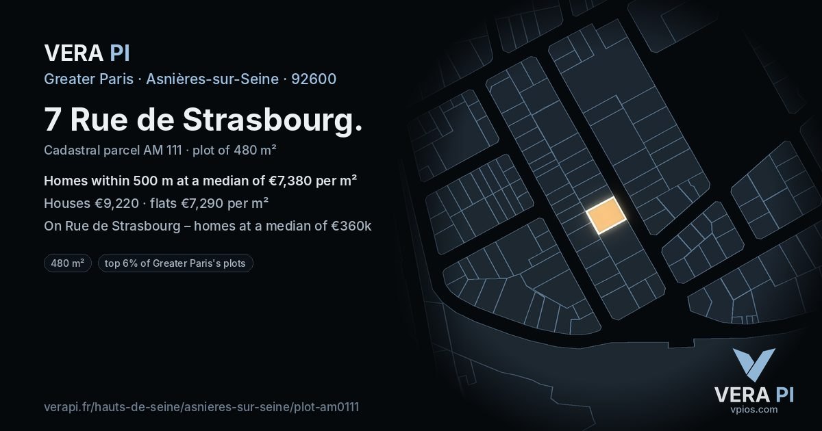 7 Rue de Strasbourg, Asnières-sur-Seine at night – the plot lit, the parcels around coloured by the prices near them