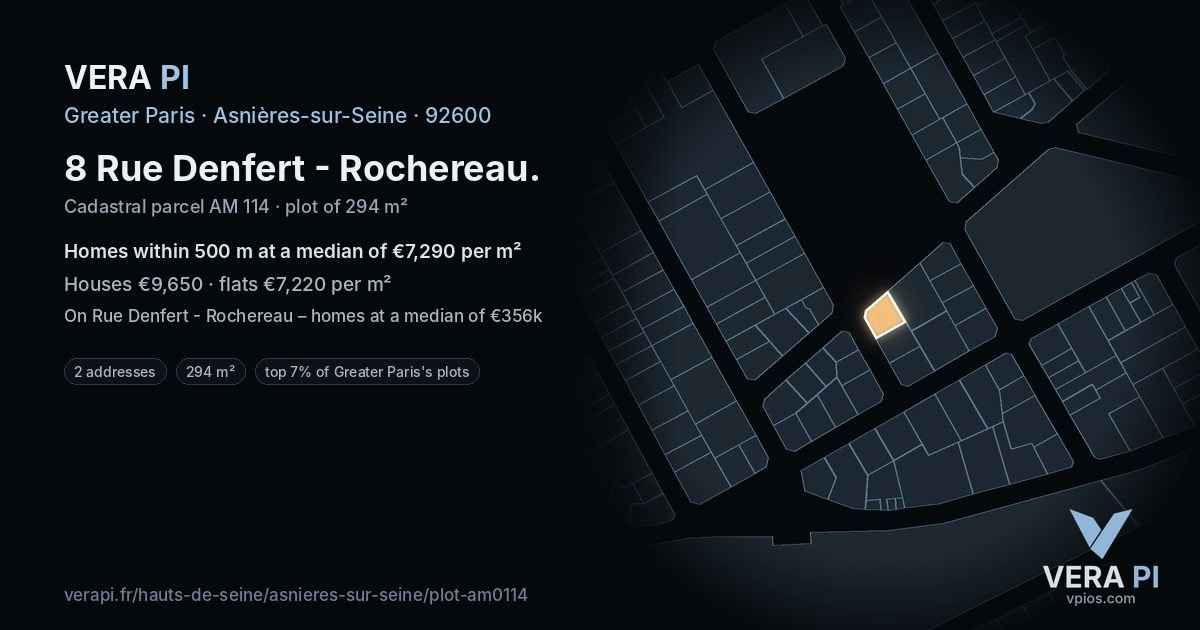 8 Rue Denfert - Rochereau, Asnières-sur-Seine at night – the plot lit, the parcels around coloured by the prices near them