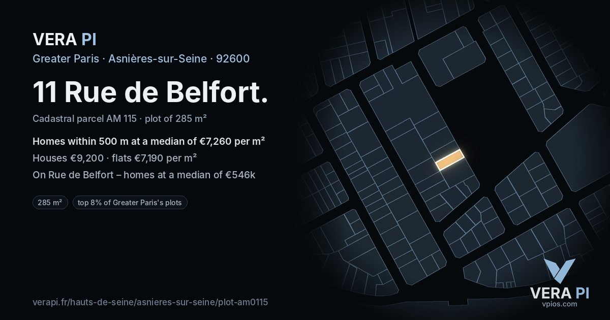 11 Rue de Belfort, Asnières-sur-Seine at night – the plot lit, the parcels around coloured by the prices near them