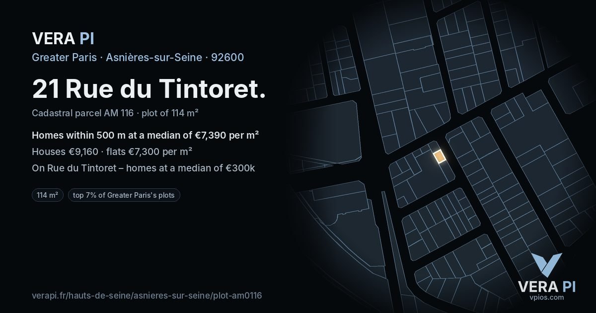 21 Rue du Tintoret, Asnières-sur-Seine at night – the plot lit, the parcels around coloured by the prices near them