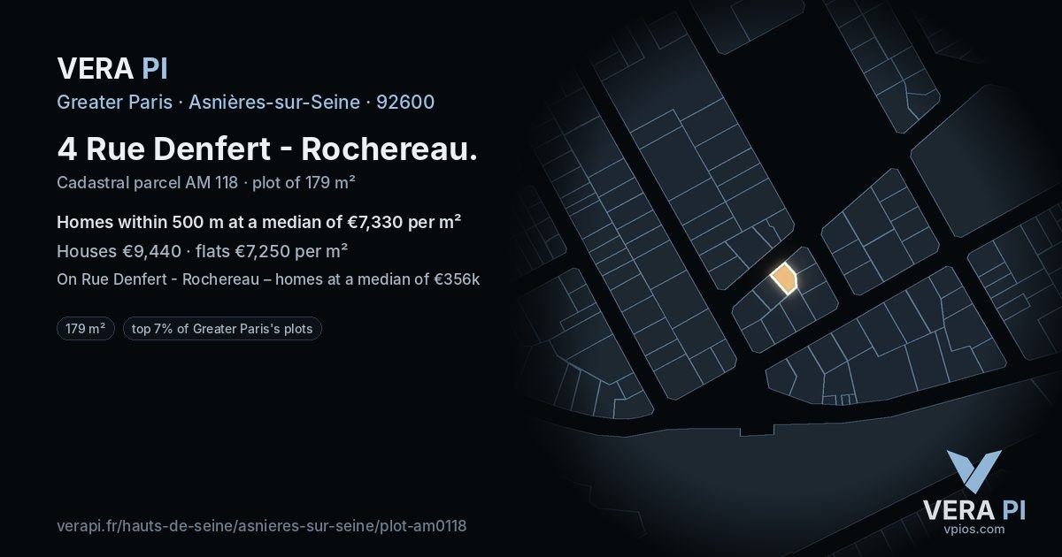4 Rue Denfert - Rochereau, Asnières-sur-Seine at night – the plot lit, the parcels around coloured by the prices near them