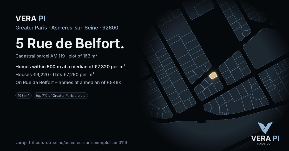 5 Rue de Belfort, Asnières-sur-Seine at night – the plot lit, the parcels around coloured by the prices near them