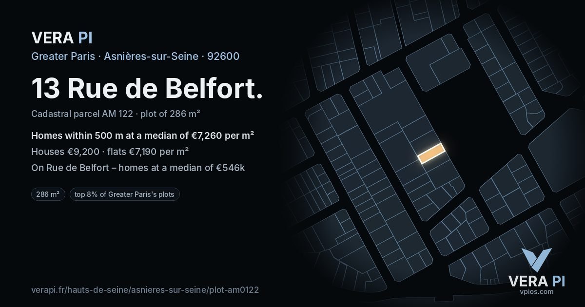 13 Rue de Belfort, Asnières-sur-Seine at night – the plot lit, the parcels around coloured by the prices near them