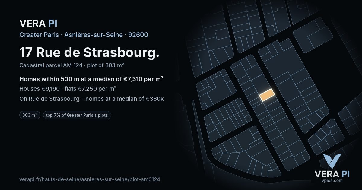 17 Rue de Strasbourg, Asnières-sur-Seine at night – the plot lit, the parcels around coloured by the prices near them