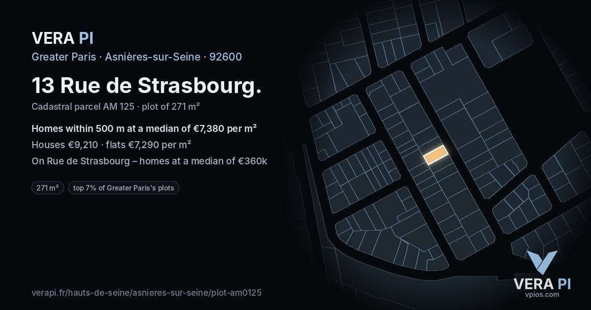13 Rue de Strasbourg, Asnières-sur-Seine at night – the plot lit, the parcels around coloured by the prices near them