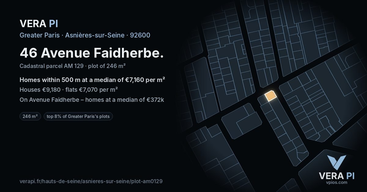 46 Avenue Faidherbe, Asnières-sur-Seine at night – the plot lit, the parcels around coloured by the prices near them