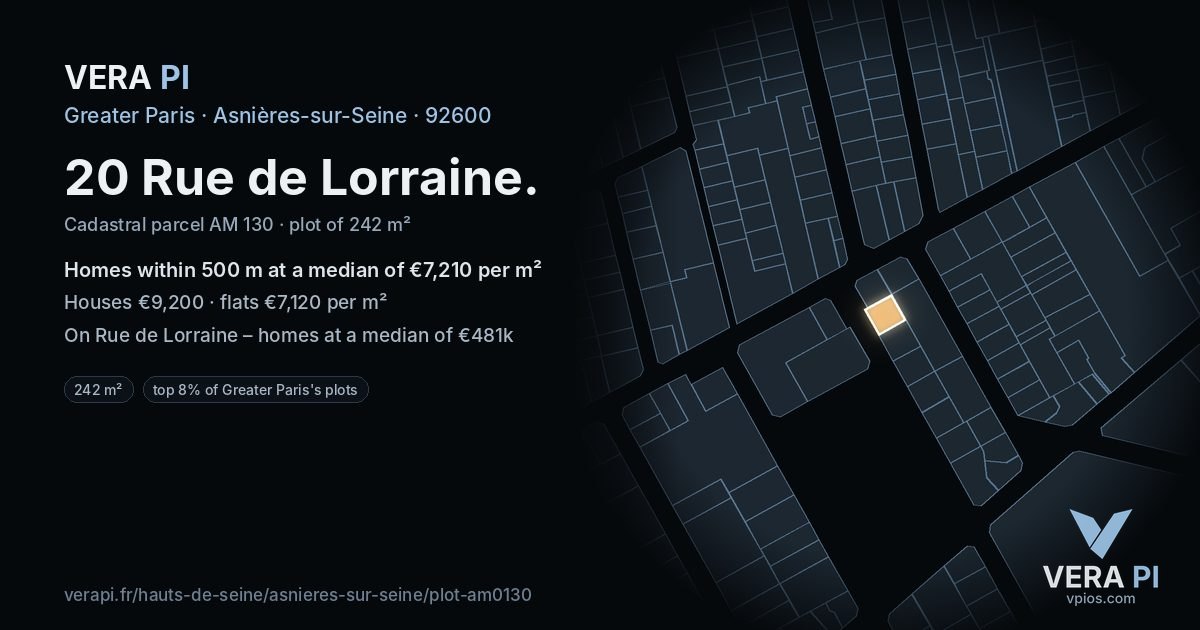20 Rue de Lorraine, Asnières-sur-Seine at night – the plot lit, the parcels around coloured by the prices near them