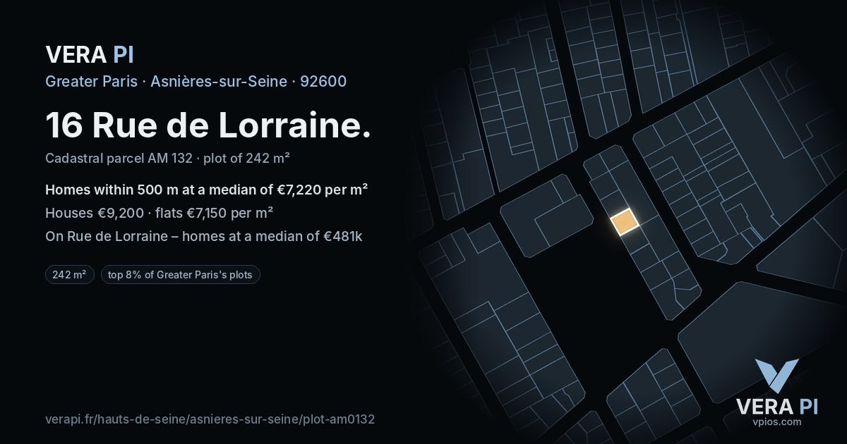 16 Rue de Lorraine, Asnières-sur-Seine at night – the plot lit, the parcels around coloured by the prices near them