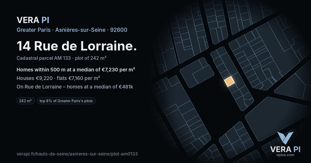 14 Rue de Lorraine, Asnières-sur-Seine at night – the plot lit, the parcels around coloured by the prices near them