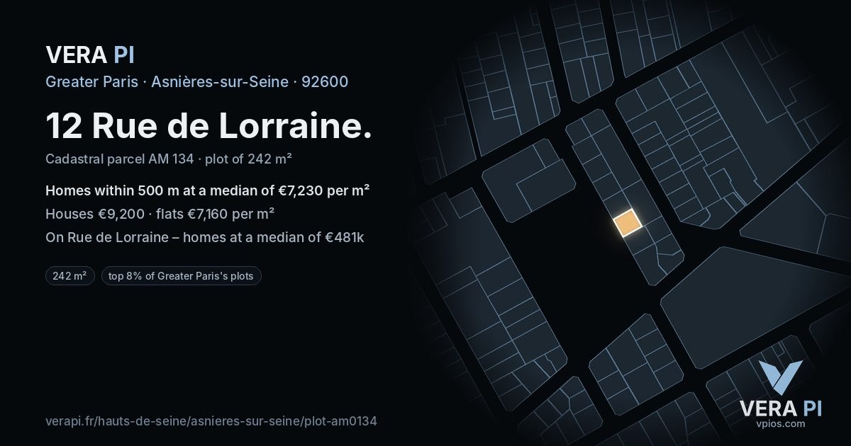 12 Rue de Lorraine, Asnières-sur-Seine at night – the plot lit, the parcels around coloured by the prices near them