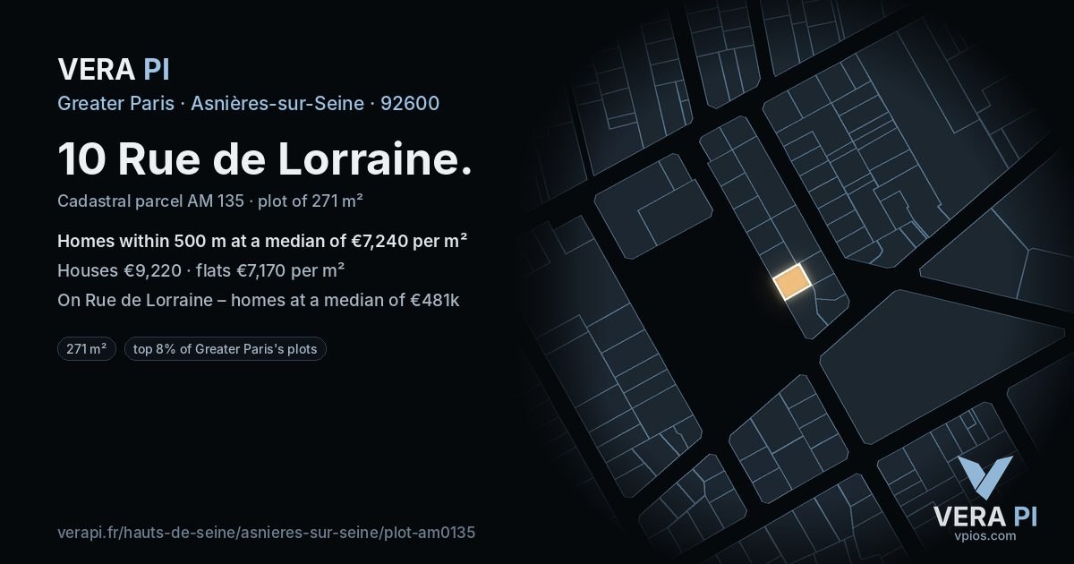 10 Rue de Lorraine, Asnières-sur-Seine at night – the plot lit, the parcels around coloured by the prices near them