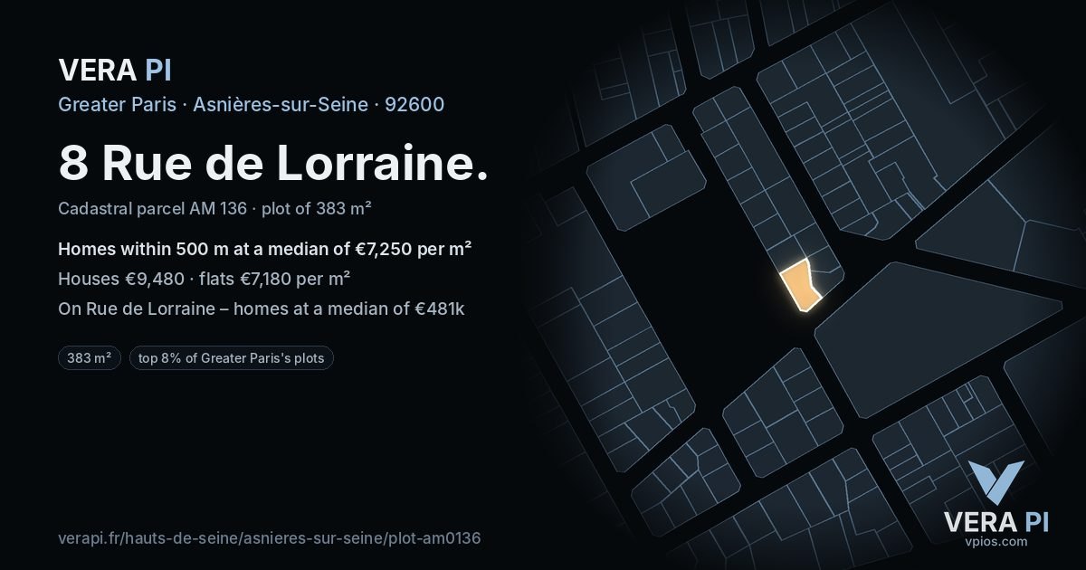 8 Rue de Lorraine, Asnières-sur-Seine at night – the plot lit, the parcels around coloured by the prices near them