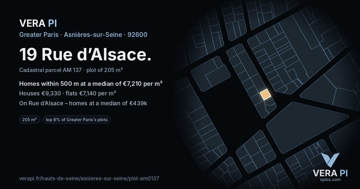 19 Rue d’Alsace, Asnières-sur-Seine at night – the plot lit, the parcels around coloured by the prices near them