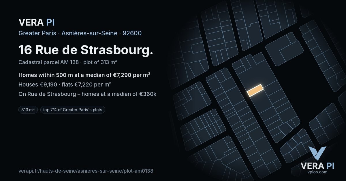 16 Rue de Strasbourg, Asnières-sur-Seine at night – the plot lit, the parcels around coloured by the prices near them