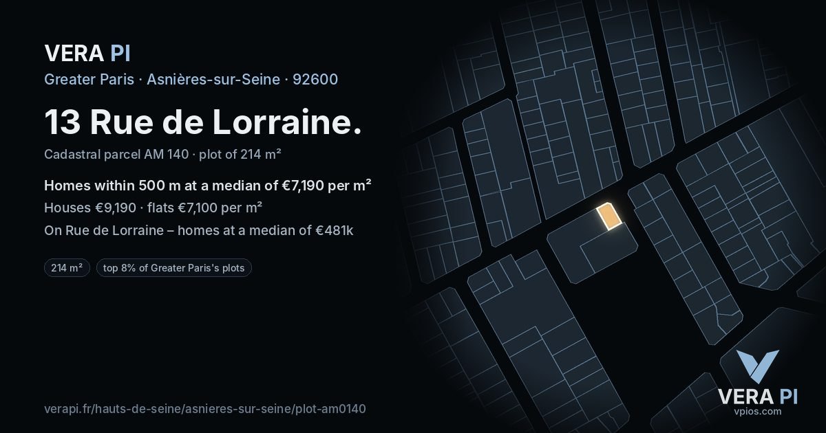13 Rue de Lorraine, Asnières-sur-Seine at night – the plot lit, the parcels around coloured by the prices near them
