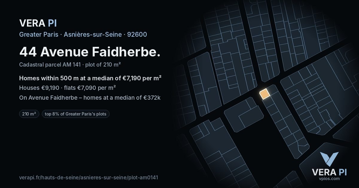 44 Avenue Faidherbe, Asnières-sur-Seine at night – the plot lit, the parcels around coloured by the prices near them