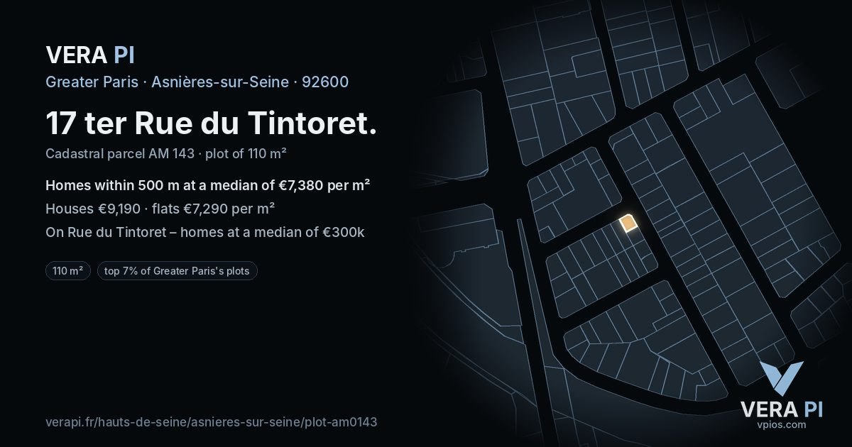 17 ter Rue du Tintoret, Asnières-sur-Seine at night – the plot lit, the parcels around coloured by the prices near them