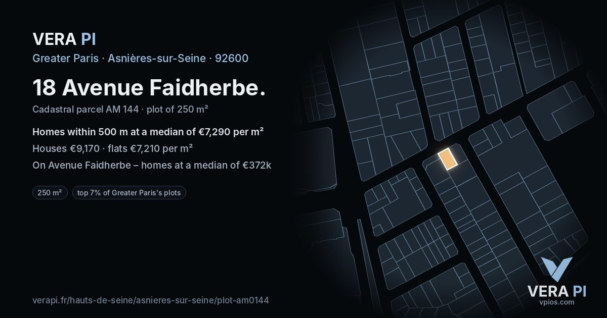 18 Avenue Faidherbe, Asnières-sur-Seine at night – the plot lit, the parcels around coloured by the prices near them