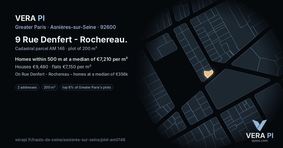 9 Rue Denfert - Rochereau, Asnières-sur-Seine at night – the plot lit, the parcels around coloured by the prices near them