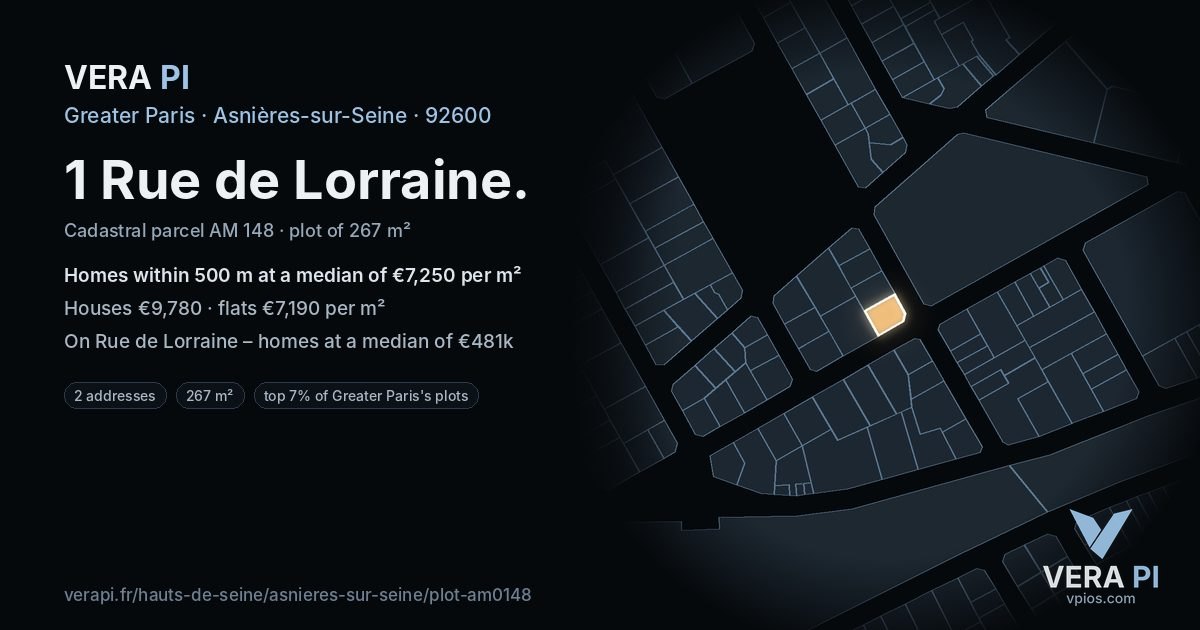 1 Rue de Lorraine, Asnières-sur-Seine at night – the plot lit, the parcels around coloured by the prices near them
