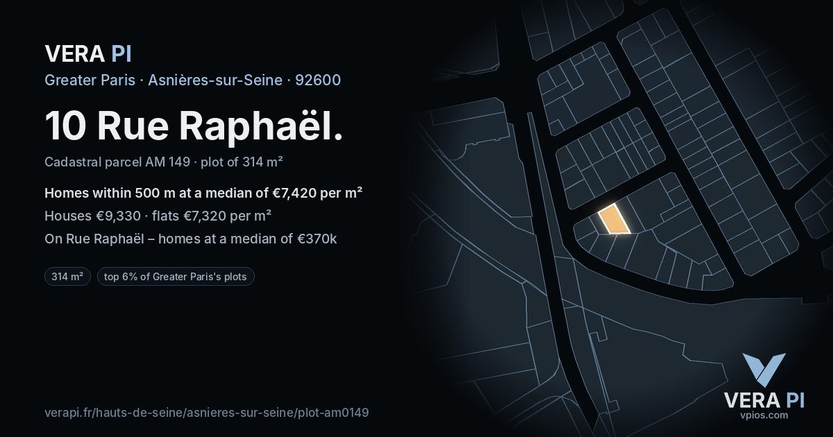 10 Rue Raphaël, Asnières-sur-Seine at night – the plot lit, the parcels around coloured by the prices near them