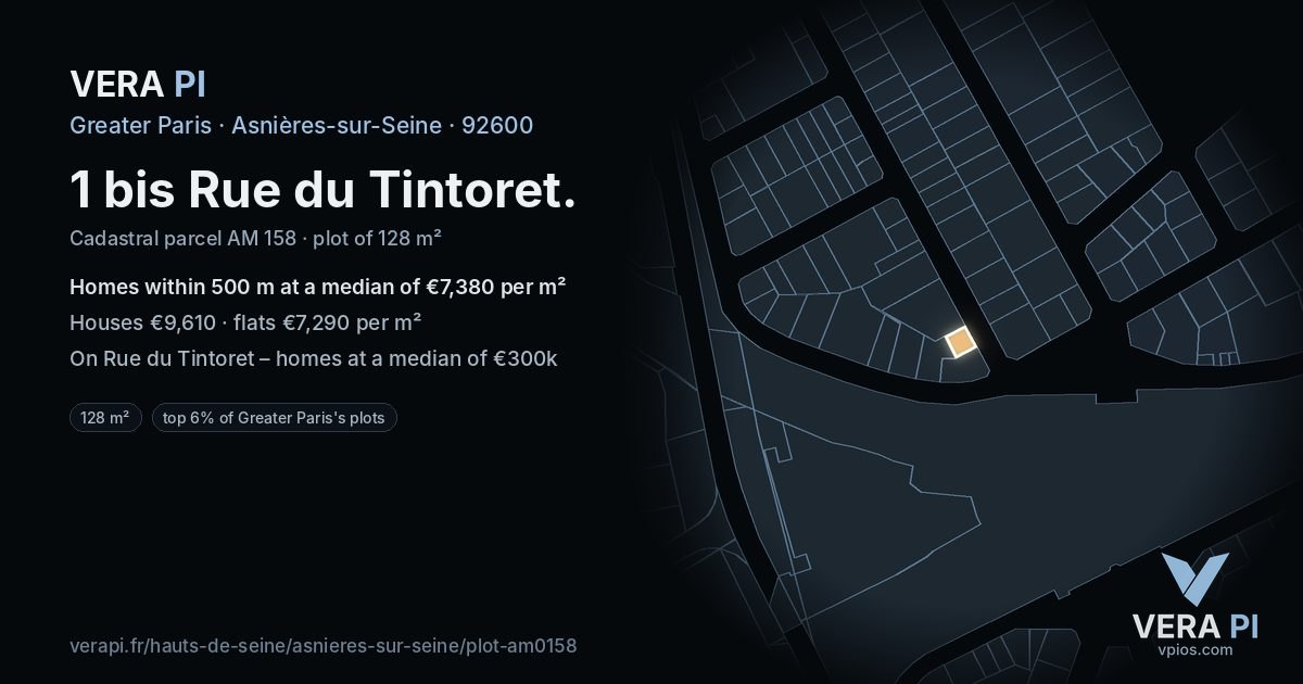 1 bis Rue du Tintoret, Asnières-sur-Seine at night – the plot lit, the parcels around coloured by the prices near them