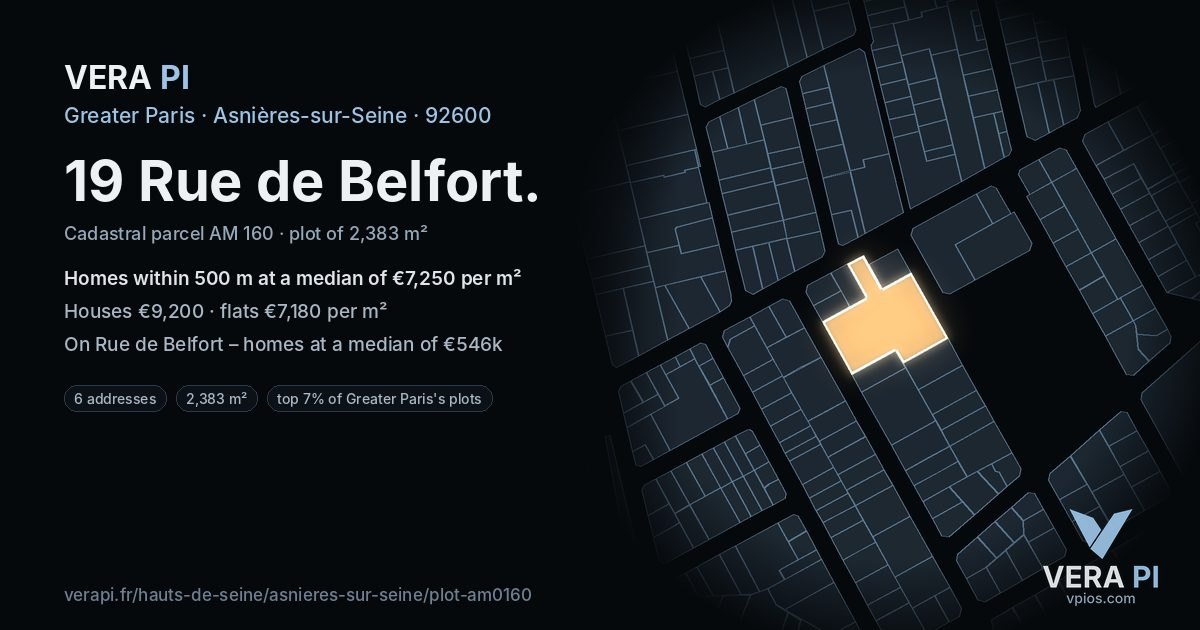 19 Rue de Belfort, Asnières-sur-Seine at night – the plot lit, the parcels around coloured by the prices near them