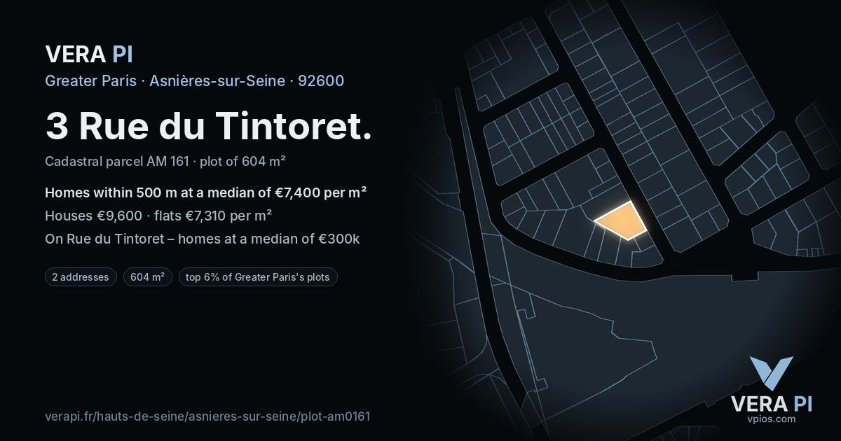 3 Rue du Tintoret, Asnières-sur-Seine at night – the plot lit, the parcels around coloured by the prices near them