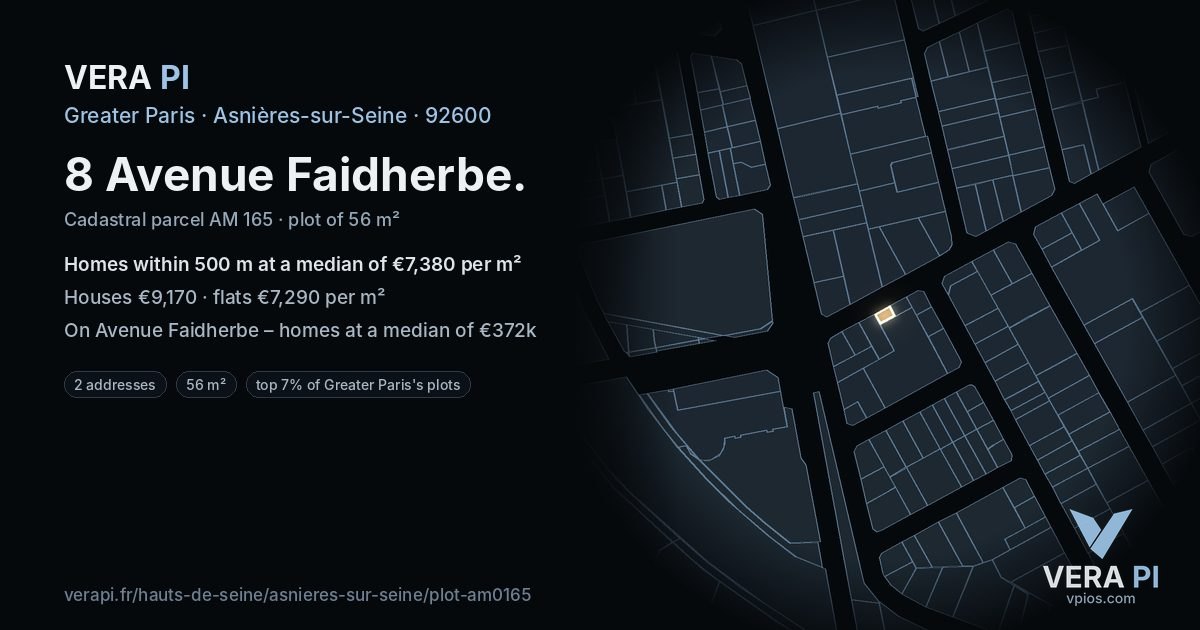 8 Avenue Faidherbe, Asnières-sur-Seine at night – the plot lit, the parcels around coloured by the prices near them