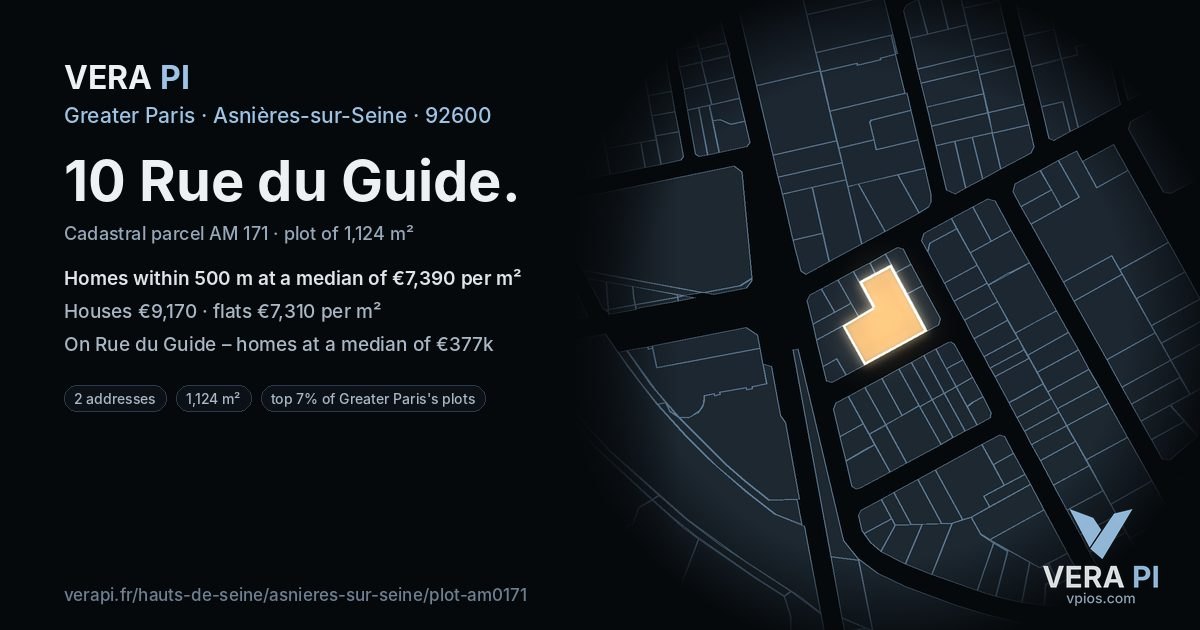 10 Rue du Guide, Asnières-sur-Seine at night – the plot lit, the parcels around coloured by the prices near them