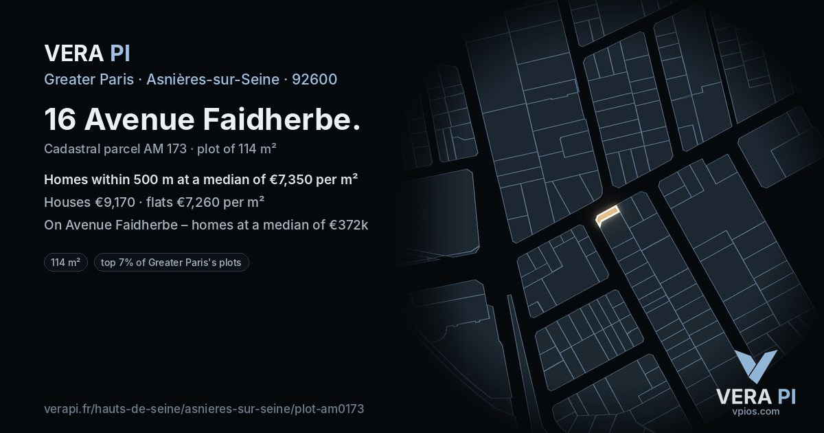 16 Avenue Faidherbe, Asnières-sur-Seine at night – the plot lit, the parcels around coloured by the prices near them