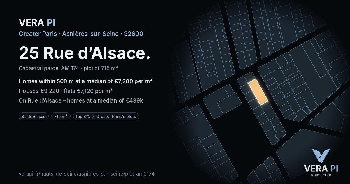 25 Rue d’Alsace, Asnières-sur-Seine at night – the plot lit, the parcels around coloured by the prices near them
