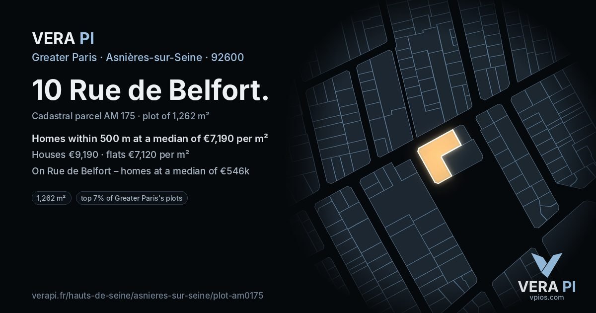 10 Rue de Belfort, Asnières-sur-Seine at night – the plot lit, the parcels around coloured by the prices near them