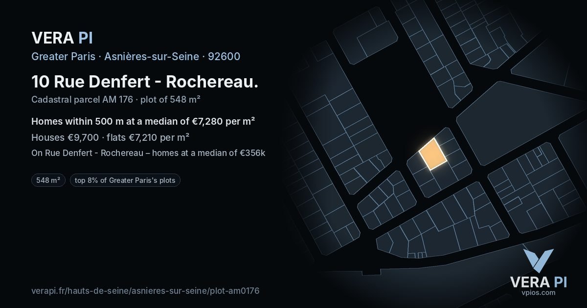 10 Rue Denfert - Rochereau, Asnières-sur-Seine at night – the plot lit, the parcels around coloured by the prices near them
