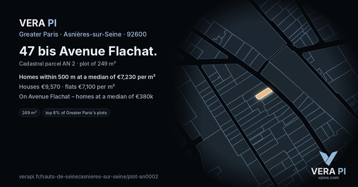 47 bis Avenue Flachat, Asnières-sur-Seine at night – the plot lit, the parcels around coloured by the prices near them