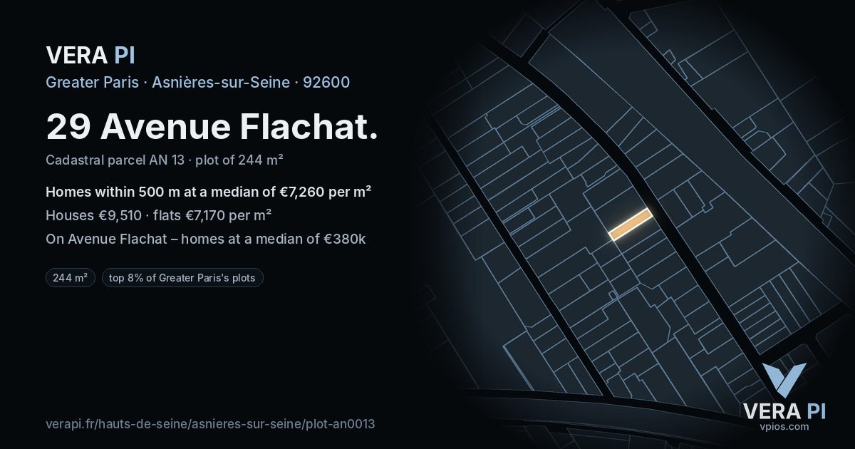 29 Avenue Flachat, Asnières-sur-Seine at night – the plot lit, the parcels around coloured by the prices near them